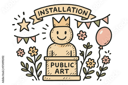 Playful Sculpture Doodle. Public art installation illustration doodle style: hand drawn sculpture with smile, crown, star, balloon