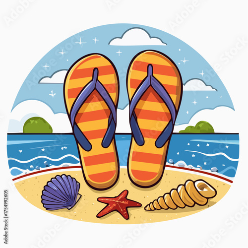 Summer Beach Flip Flops with Seashells Illustration