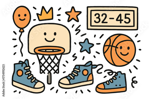 Whimsical Basketball Doodle. Basketball game illustration doodle style: hand drawn hoop with smile, crown, star, balloon, sneakers
