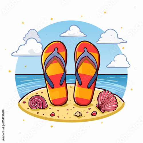 Summer Beach Flip Flops with Seashells Illustration