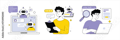Vector art of modern illustration of customer service with chatbot, data analysis, and online searching