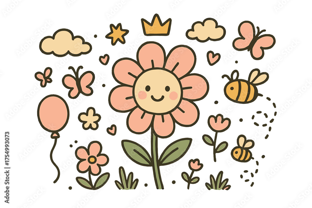Fototapeta premium Whimsical Nature Doodle. Nature harmony illustration doodle style: hand drawn flower with smile, crown, star, balloon, butterflies