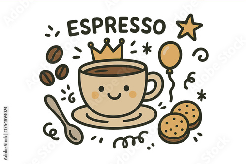 Cheerful Espresso Cup. Espresso illustration doodle style: hand drawn espresso cup with smile, crown, star, balloon, beans, spoon,