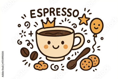 Cheerful Espresso Cup. Espresso illustration doodle style: hand drawn espresso cup with smile, crown, star, balloon, beans, spoon,