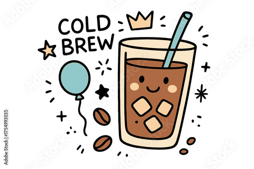 Playful Cold Brew Doodle. Cold brew illustration doodle style: hand drawn glass with smile, crown, star, balloon, ice cubes, beans
