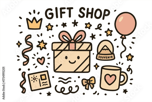 Cute Gift Garland. Gift shop illustration doodle style: hand drawn present with smile, crown, star, balloon, ribbons, souvenirs,