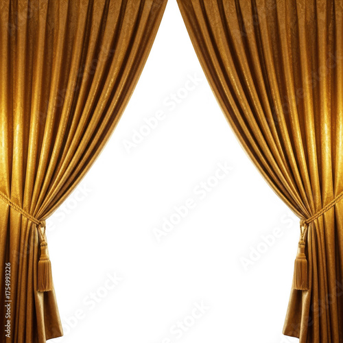 Rich golden curtains open revealing a dramatic dark space and stage transparent background