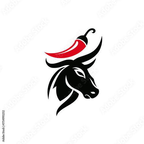 Stylized bull head with sharp horns and a red chili pepper on a white background
