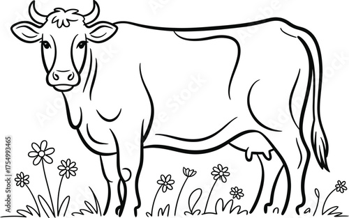 Simple black and white line art of a cute farm cow, standing in a grassy field with flowers, a coloring book page