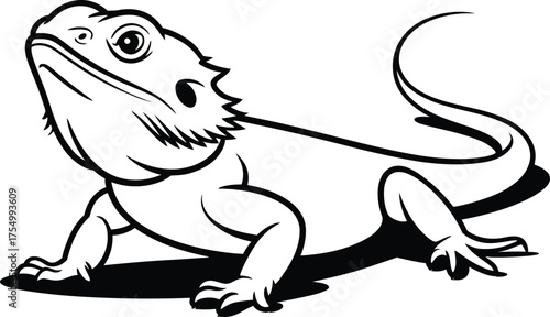 Stylized black and white vector illustration of a bearded dragon lizard, a bold line art graphic perfect for an icon or logo