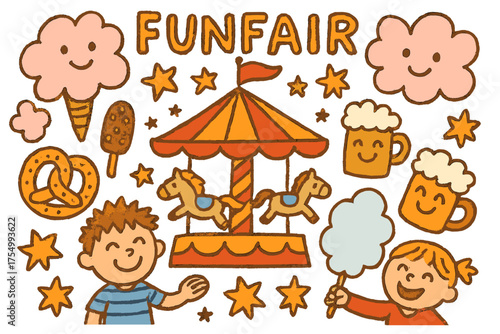 Funfair Adventure Illustration. Funfair doodle illustration with kids holding sweets, carousel ride, pretzel, cotton candy clouds,