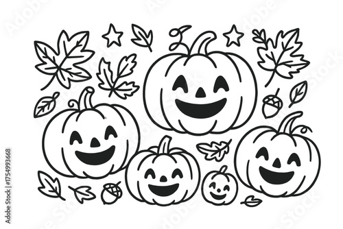 Pumpkin Patch Doodles. Pumpkin patch doodle vector with smiling pumpkins, autumn leaves, acorns and stars isolated transparent