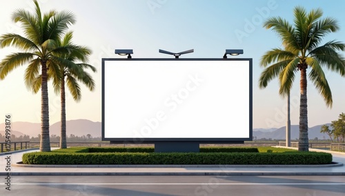 Expansive blank billboard with copy space framed by lush palm trees, ideal for travel or outdoor advertising mockups.