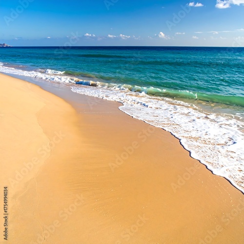 Sandy beach with foamy waves gently crashing on the shore under a clear sky