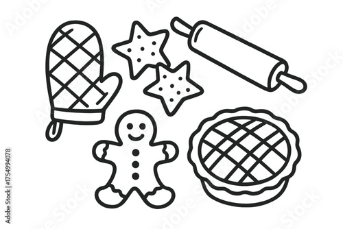 Christmas Baking Icons. Christmas baking doodle icon set: hand drawn icons of oven mitt, cookies, rolling pin, gingerbread, and