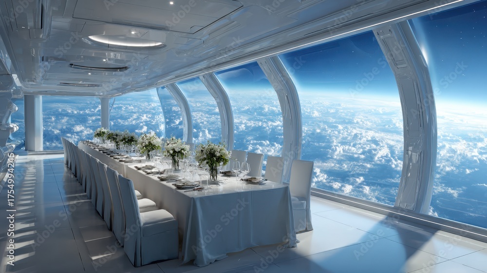 Fototapeta premium A grand table is set for dining with flowers in a sleek space room overlooking Earth.