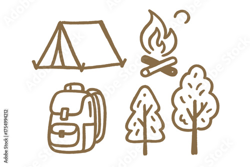 Autumn Camping Icons. Autumn camping doodle icon set: hand drawn icons of tent, bonfire, backpack, and trees. isolated transparent