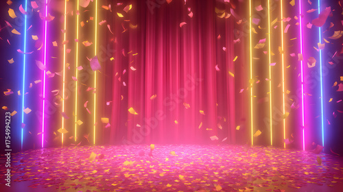 Animated kids birthday stage background, thin neon border lights, cartoon curtains, confetti raining, fun energetic frame for video templates.