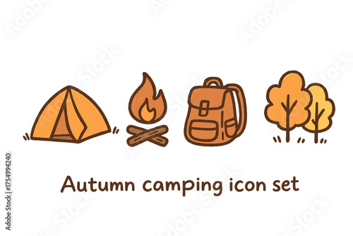 Autumn Camping Icons. Autumn camping doodle icon set: hand drawn icons of tent, bonfire, backpack, and trees. isolated transparent