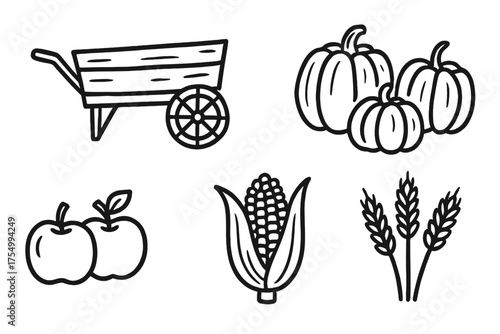 Harvest Wagon Icons. Harvest wagon doodle icon set: hand drawn icons of wagon, pumpkins, apples, corn, and wheat. isolated