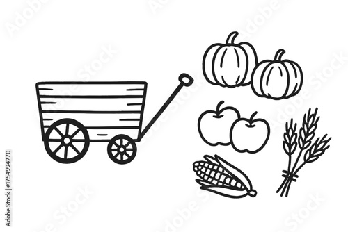 Harvest Wagon Icons. Harvest wagon doodle icon set: hand drawn icons of wagon, pumpkins, apples, corn, and wheat. isolated
