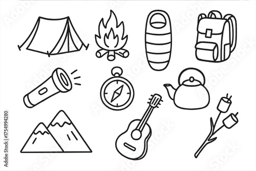 Camping Doodle Icons. Camping doodle icon set: hand drawn icons of tent, campfire, sleeping bag, backpack, flashlight, compass,