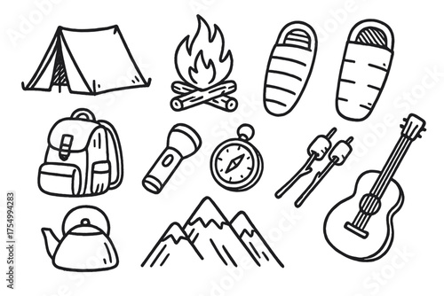Camping Doodle Icons. Camping doodle icon set: hand drawn icons of tent, campfire, sleeping bag, backpack, flashlight, compass,