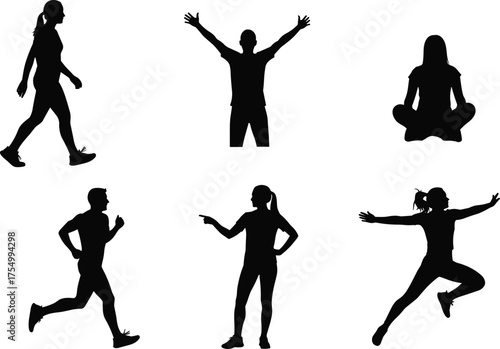 Silhouette collection of people walking, running, jumping, sitting, pointing, and celebrating with raised hands isolated on white background