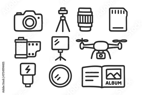 Photography Doodle Icons. Photography doodle icon set: hand drawn icons of camera, tripod, lens, memory card, photo roll, lightbox