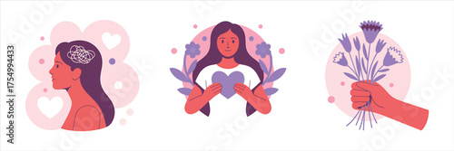 Vector art of mental health and self care concept with woman holding heart, brain with thoughts and hand with flowers