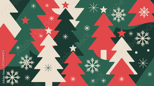 Festive holiday background with christmas trees snowflakes and stars in red green and beige colors