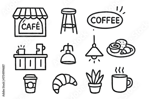 Coffee Shop Icons. Coffee shop vibe doodle icon set: hand drawn icons of café window, neon sign, stool, counter, lamp, pastries,