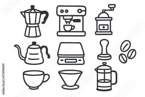 Coffee Brewing Icons. Coffee brewing doodle icon set: hand drawn icons of moka pot, espresso machine, grinder, kettle, scales,