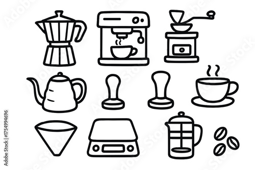 Coffee Brewing Icons. Coffee brewing doodle icon set: hand drawn icons of moka pot, espresso machine, grinder, kettle, scales,