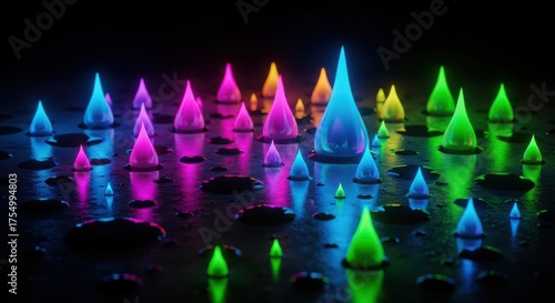 Glowing drops on surface with dark background