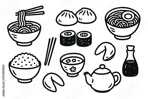 Asian Food Doodles. Asian food doodle icon set: hand drawn icons of noodles, dumplings, sushi, ramen, rice bowl, miso soup,