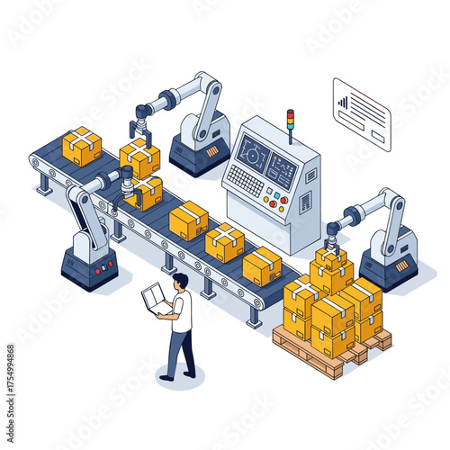 Automated industrial production line with robotic arms and conveyor belts efficiently packaging goods for distribution.