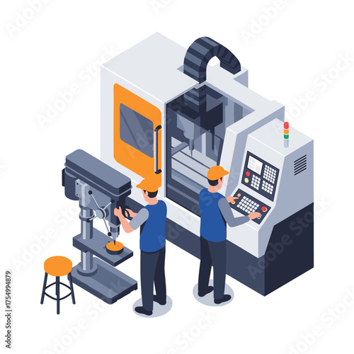 Two engineers operating advanced manufacturing machinery for production purposes.