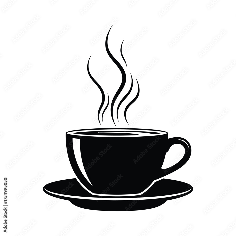 Obraz premium Black coffee cup with steam rising on a saucer illustration