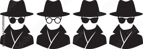 Four mysterious men in hats and sunglasses on transparent background silhouette