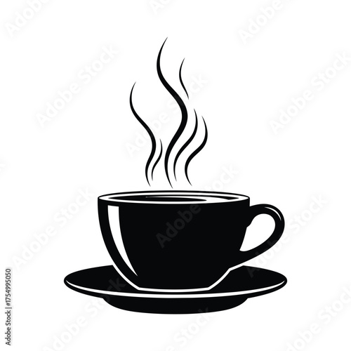 Black coffee cup with steam rising on a saucer illustration