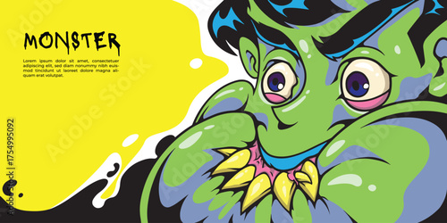 Colorful monster illustration template with cute and spooky style, perfect for Halloween, fantasy, or kids’ designs. Includes editable dummy text.