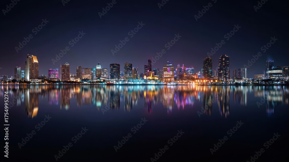 Fototapeta premium Nighttime panoramic view of a cityscape with illuminated buildings reflecting on calm water