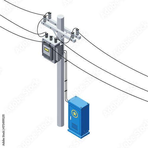 A utility pole with a transformer and a ground-mounted electrical cabinet attached.