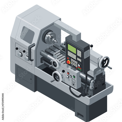 An isometric illustration of a modern precision industrial lathe machine with a control panel and tooling.