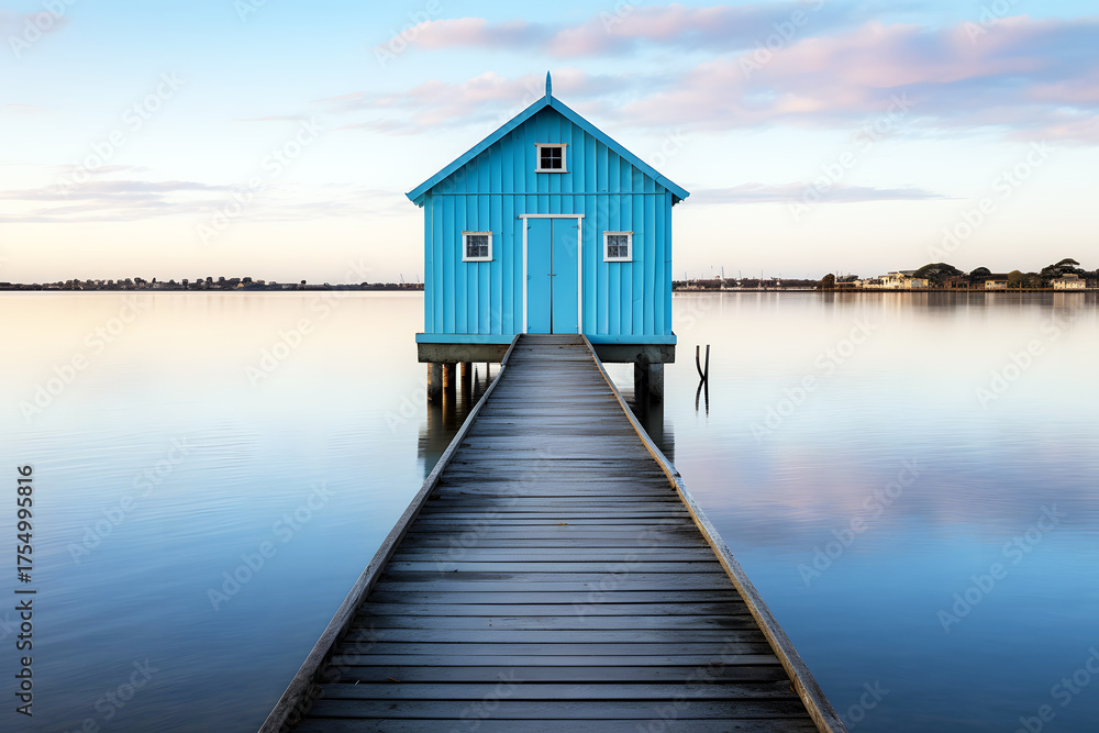 Obraz premium Bright blue house on stilts with a wooden pier overlooking a calm lake during sunset