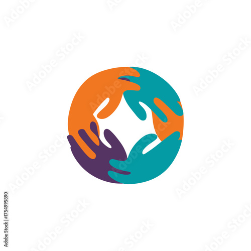 Abstract graphic of hands in a circle, colored teal, orange, and purple, on white