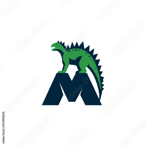 Stylized green dino on an M-shaped blue object, against a white background in graphic design