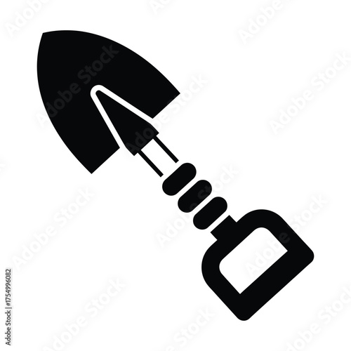 Black spade icon on white background for gardening design needs