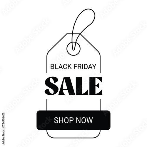 Minimalist Black Friday sale tag design with bold black and white text, string loop, and shop now call-to-action, isolated on white background